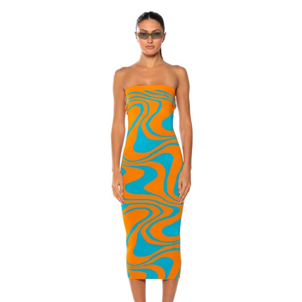 HERA Orange and Blue Swirl Strapless Midi Dress